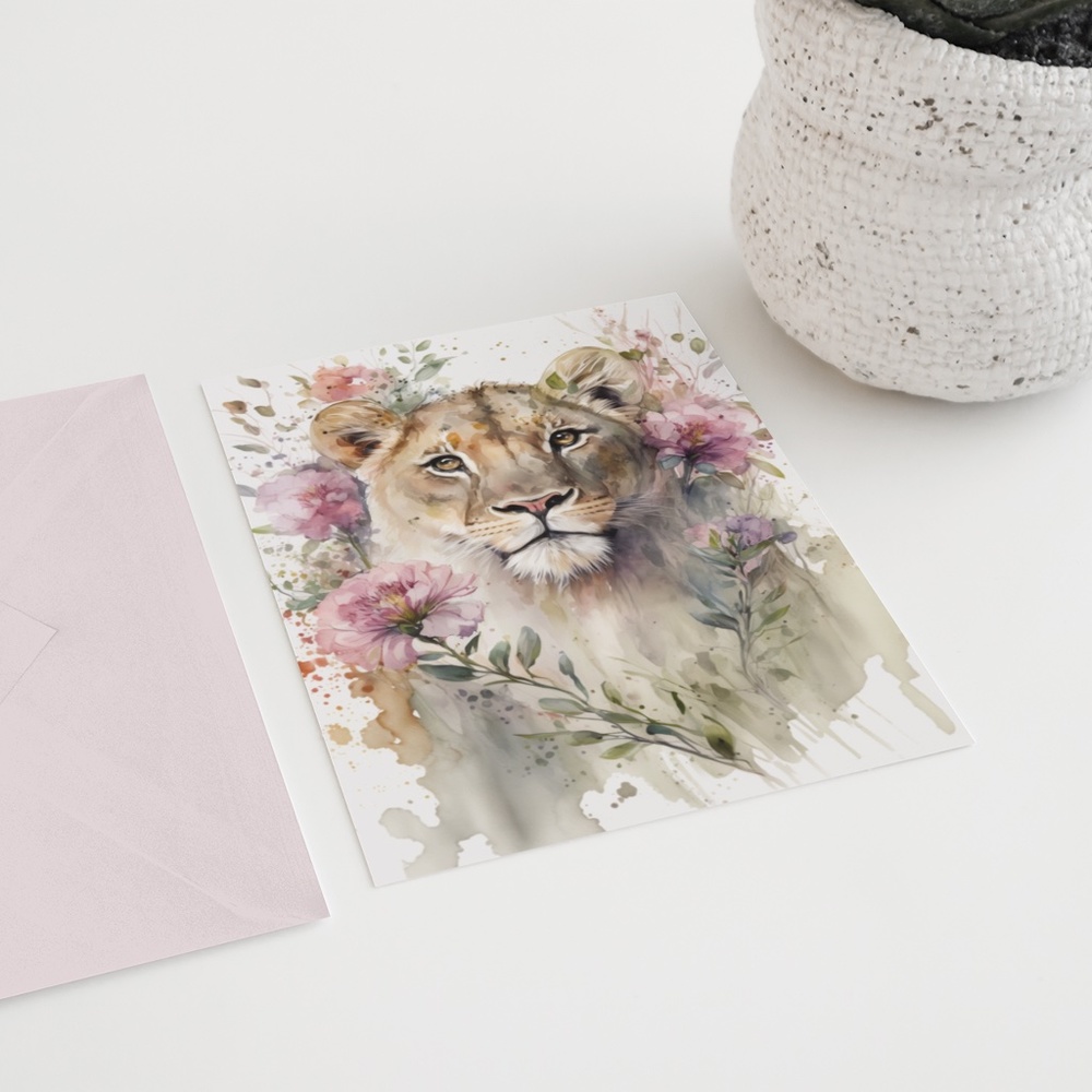 Cute Floral Lioness Watercolor Wall Art Illustration Print Poster Card Unframed - Picture 7 of 7